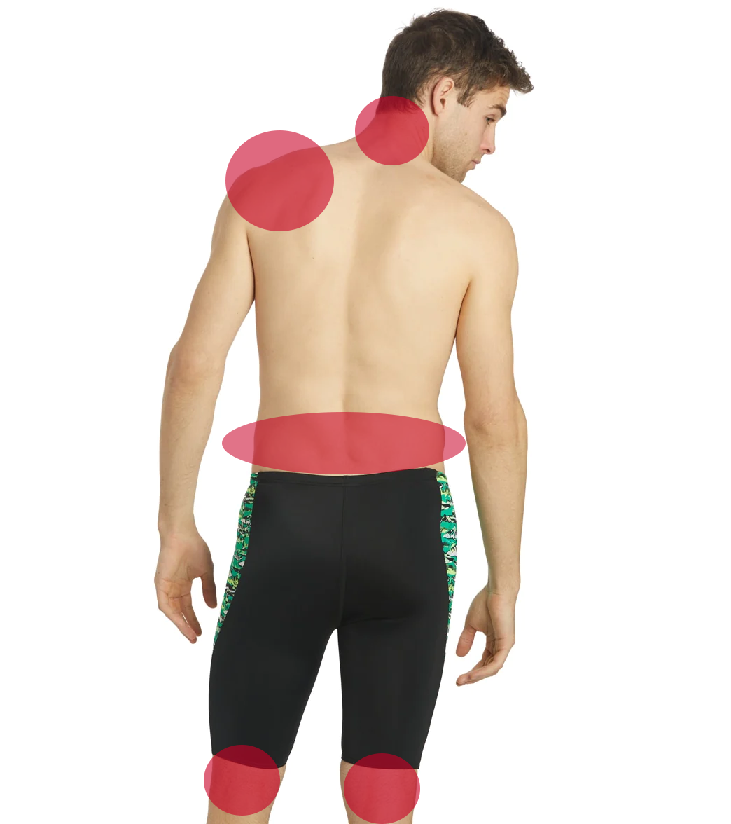common areas of swimming injuries - shoulders, knees, and lower back.