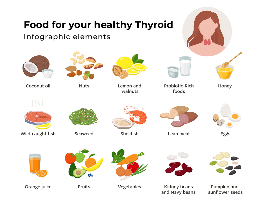 Healthy food for the thyroid set of icons in flat design isolated on white background. Foods that nourish the thyroid infographic elements and Thyroid gland on the woman neck vector illustration.