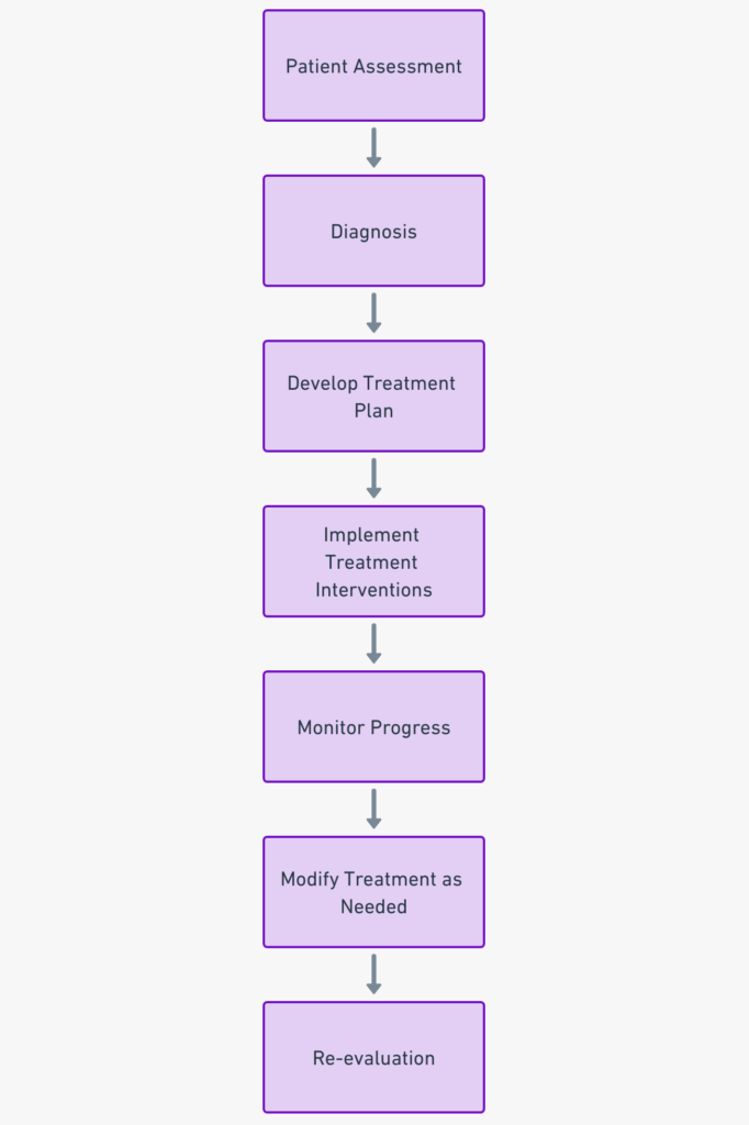 Chart illustrating the process of physical therapy, starting from patient assessment and ending at re-evaluation