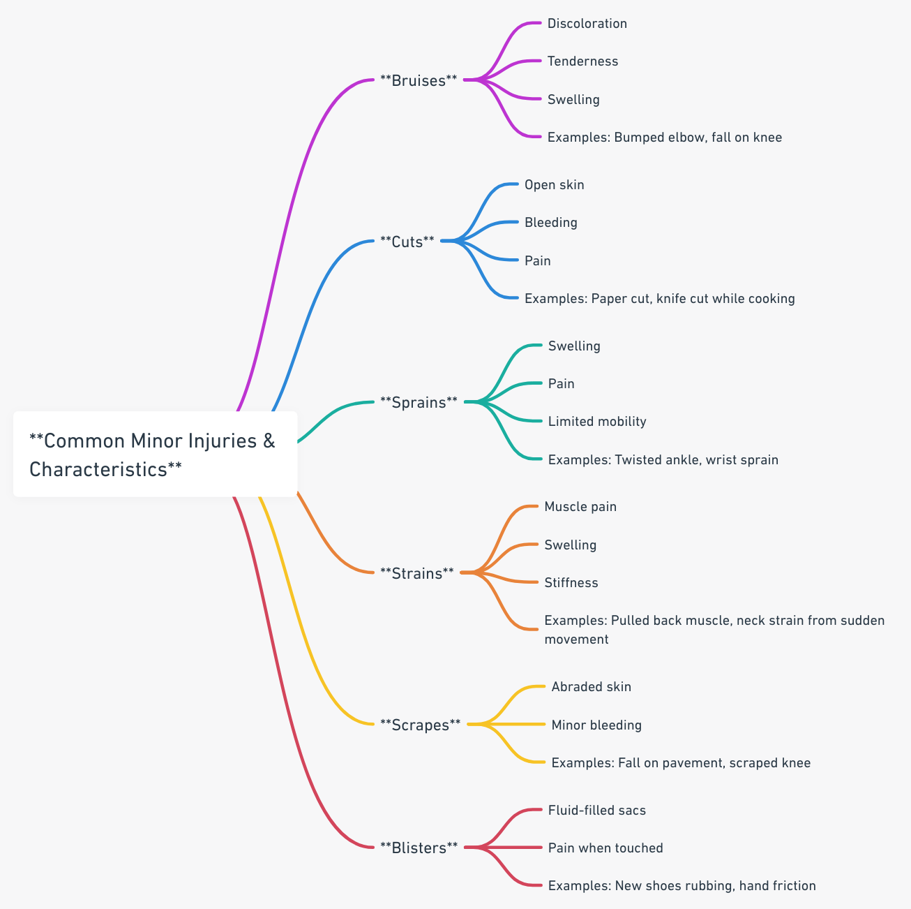 a mindmap chart detailing examples of common minor injuries and their characteristics